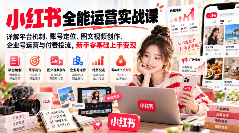 小红书全能运营实战课，详解平台机制、账号定位、图文视频创作、企业号运营与付费投流，新手零基础上手变现-创薯资源