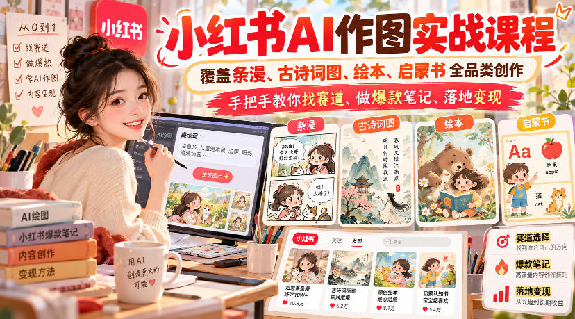 小红书AI作图实战课程，覆盖条漫、古诗词图、绘本、启蒙书全品类创作，手把手教你找赛道、做爆款笔记、落地变现-创薯资源