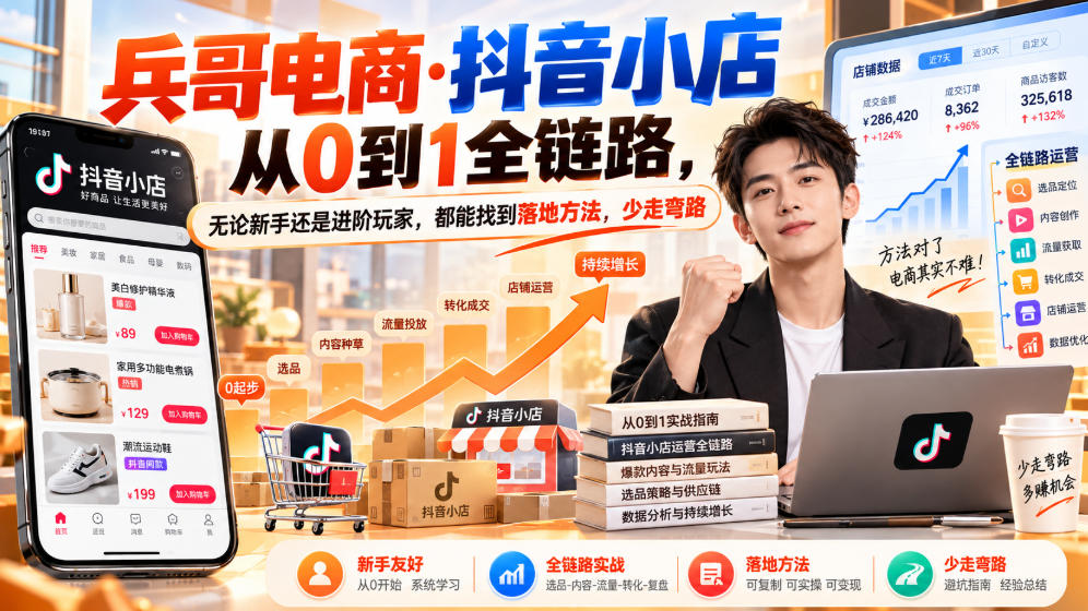 【无水印】兵哥电商·抖音小店从0到1全链路，无论新手还是进阶玩家，都能找到落地方法，少走弯路(更新9月)-创薯资源