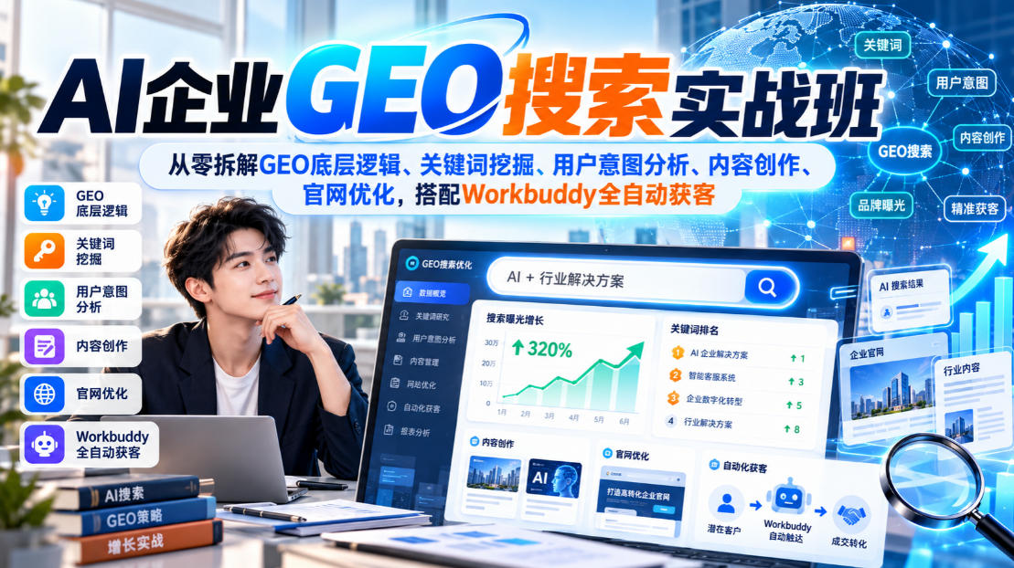 AI企业GEO搜索实战班，从零拆解GEO底层逻辑、关键词挖掘、用户意图分析、内容创作、官网优化，搭配Workbuddy全自动获客-创薯资源