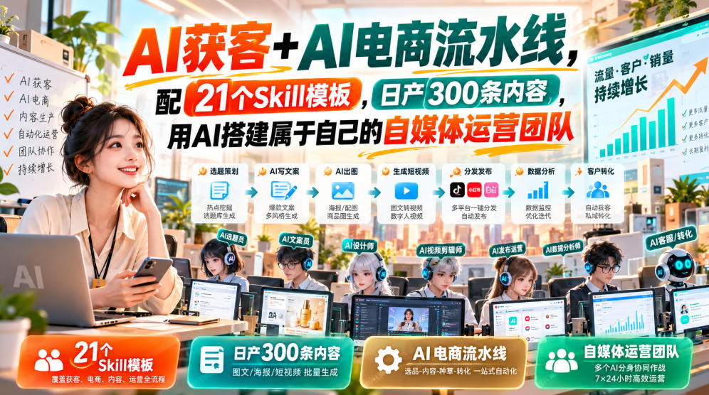 AI获客+AI电商流水线，配21个Skill模板，日产300条内容，用AI搭建属于自己的自媒体运营团队-创薯资源