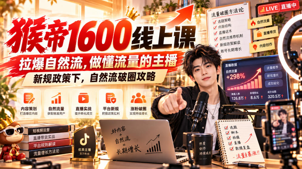 猴帝1600线上课，拉爆自然流，做懂流量的主播，新规政策下，自然流破圈攻略【更新260926】-创薯资源