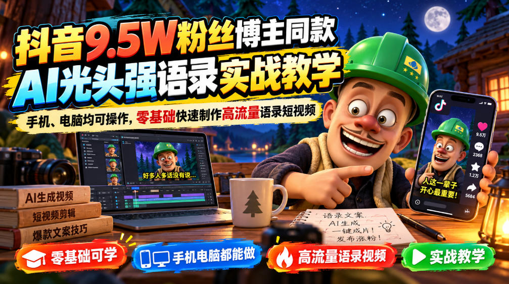 抖音9.5W粉丝博主同款AI光头强语录实战教学，手机、电脑均可操作，零基础快速制作高流量语录短视频-创薯资源