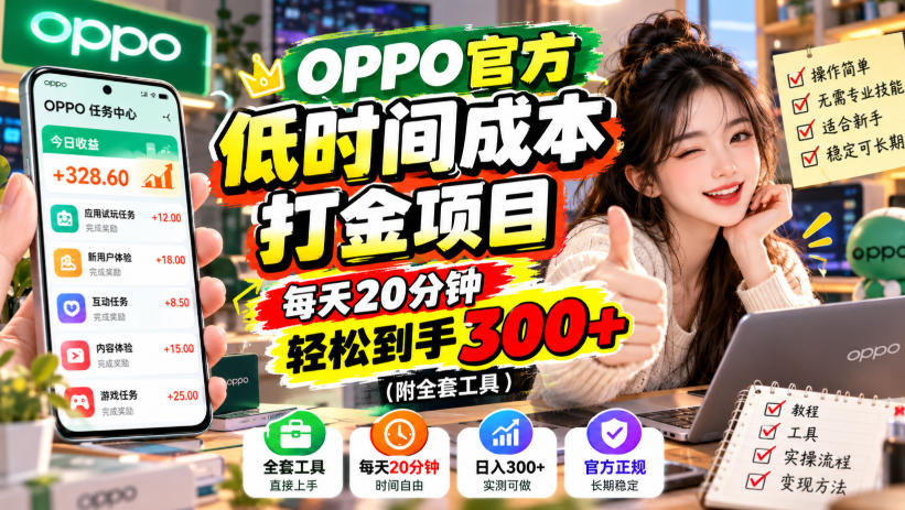 OPPO官方低时间成本打金项目，每天20分钟，轻松到手300+(附全套工具)【揭秘】-创薯资源