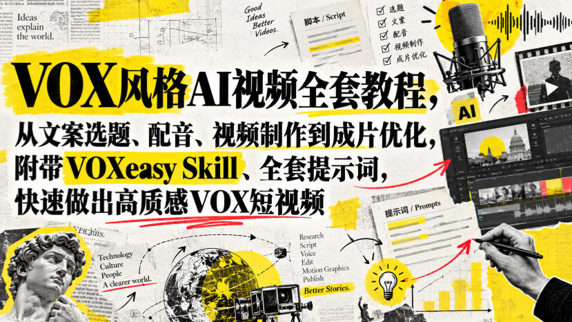 VOX风格AI视频全套教程，从文案选题、配音、视频制作到成片优化，附带VOXeasy Skill、全套提示词，快速做出高质感VOX短视频-创薯资源