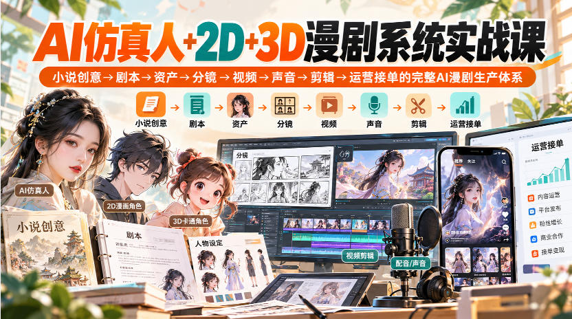 【无水印】AI仿真人+2D+3D漫剧系统实战课，小说创意→剧本→资产→分镜→视频→声音→剪辑→运营接单的完整AI漫剧生产体系-创薯资源
