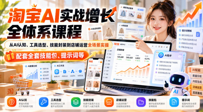 淘宝AI实战增长全体系课程，从AI认知、工具选型、技能封装到店铺运营全场景实操，配套全套技能包、提示词等-创薯资源