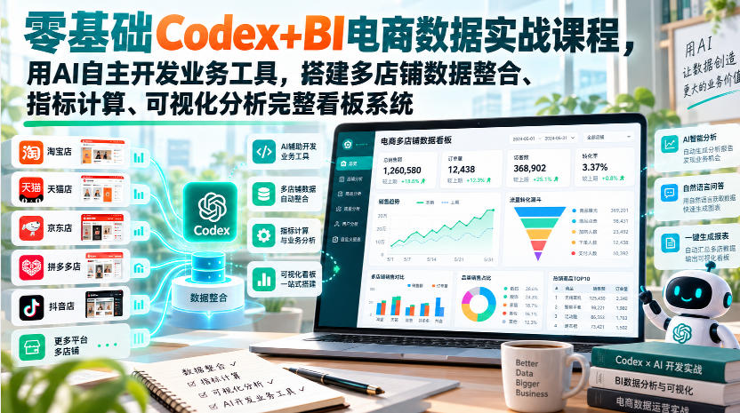 零基础Codex+BI电商数据实战课程，用AI自主开发业务工具，搭建多店铺数据整合、指标计算、可视化分析完整看板系统-创薯资源