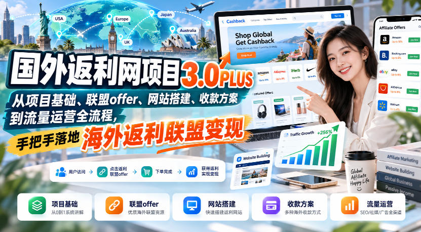 国外返利网项目3.0PLUS，从项目基础、联盟offer、网站搭建、收款方案到流量运营全流程，手把手落地海外返利联盟变现-创薯资源