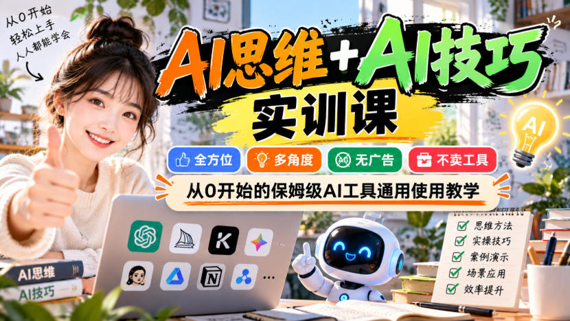 【无水印】AI思维+AI技巧实训课，全方位、多角度、无广告、不卖工具，从0开始的保姆级AI工具通用使用教学-创薯资源