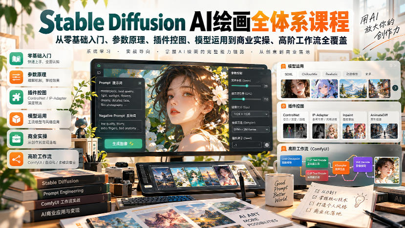 【无水印】Stable Diffusion AI绘画全体系课程，从零基础入门、参数原理、插件控图、模型运用到商业实操、高阶工作流全覆盖-创薯资源