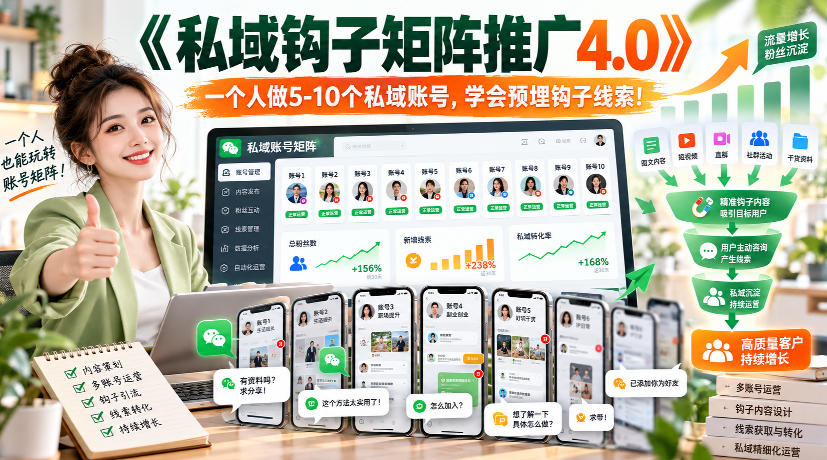 【无水印】《私域钩子矩阵推广4.0》一个人做5-10个私域账号，学会预埋钩子线索！-创薯资源