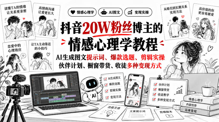 抖音20W粉丝博主静候心声的情感心理学教程，AI生成图文提示词、爆款选题、剪辑实操，伙伴计划、橱窗带货、收徒多种变现方式-创薯资源