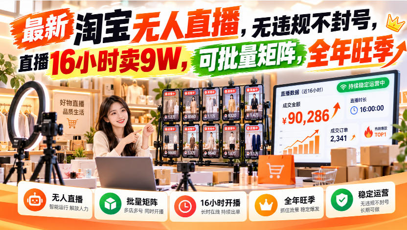 最新淘宝无人直播，无违规不封号，直播16小时卖9W，可批量矩阵，全年旺季【揭秘】-创薯资源