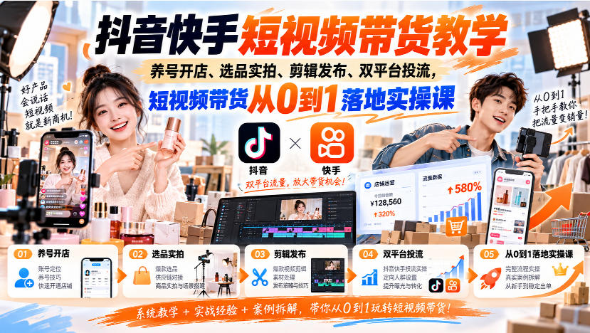 抖音快手短视频带货教学｜养号开店、选品实拍、剪辑发布、双平台投流，短视频带货从0到1落地实操课-创薯资源