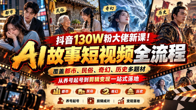 抖音130W粉大佬新课！AI故事短视频全流程，覆盖都市、民俗、奇幻、历史多题材，从养号起号到剪辑变现一站式落地-创薯资源