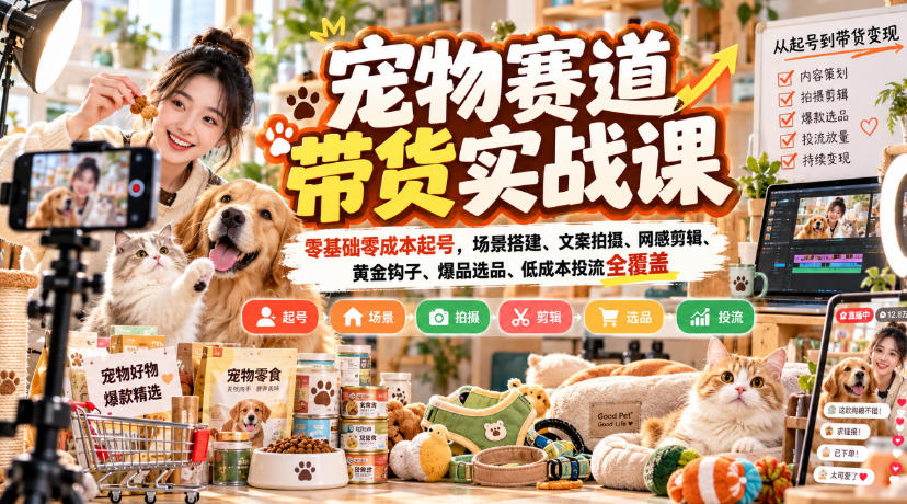 宠物赛道带货实战课，零基础零成本起号，场景搭建、文案拍摄、网感剪辑、黄金钩子、爆品选品、低成本投流全覆盖-创薯资源