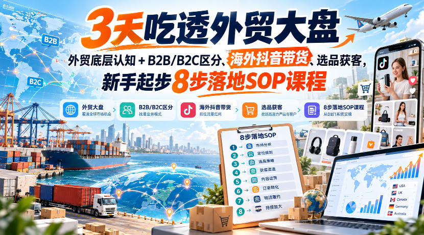3天吃透外贸大盘，外贸底层认知+B2B/B2C区分、海外抖音带货、选品获客，新手起步8步落地SOP课程-创薯资源