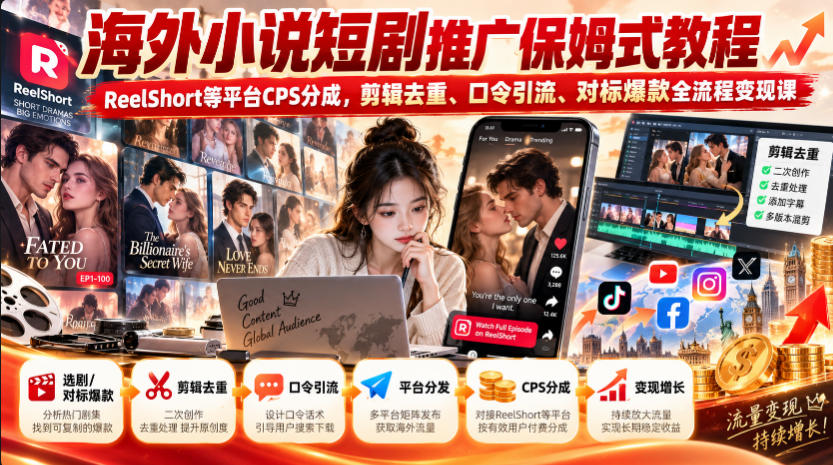 海外小说短剧推广保姆式教程｜ReelShort等平台CPS分成，剪辑去重、口令引流、对标爆款全流程变现课-创薯资源