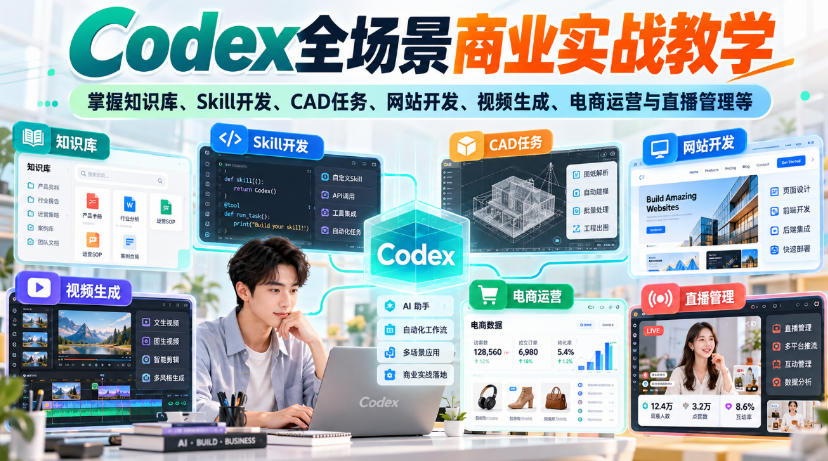 【无水印】Codex全场景商业实战教学，掌握知识库、Skill开发、CAD任务、网站开发、视频生成、电商运营与直播管理等-创薯资源