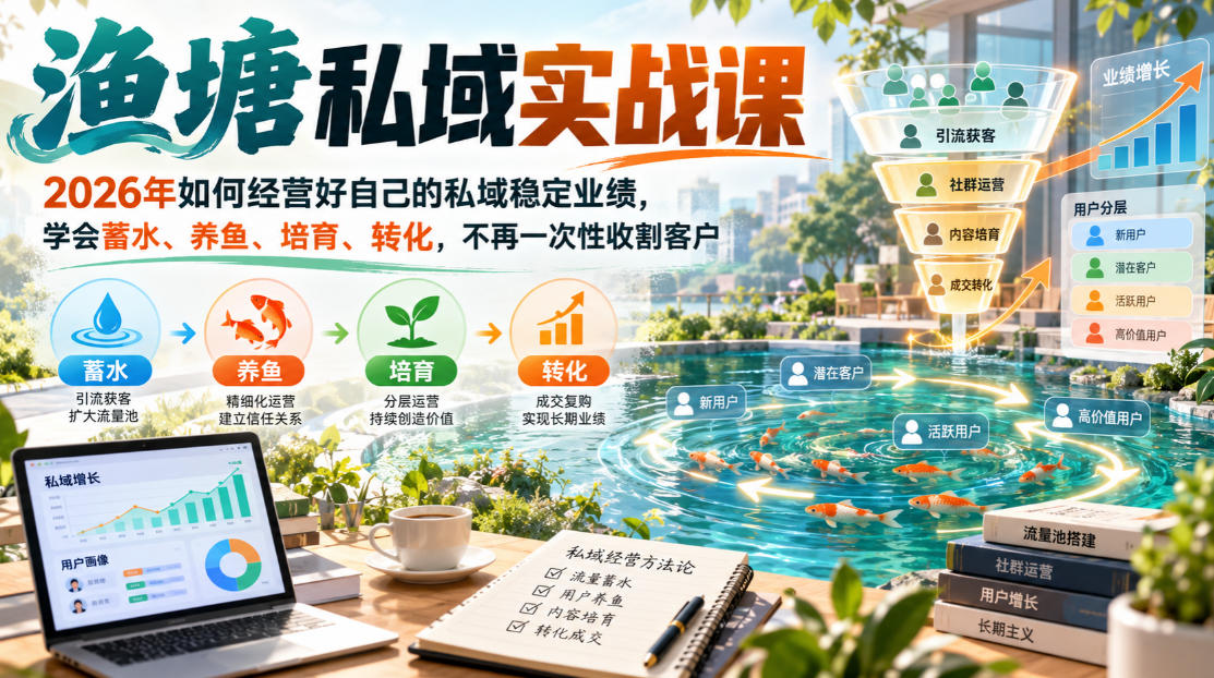 渔塘私域实战课，2026年如何经营好自己的私域稳定业绩，学会蓄水、养鱼、培育、转化，不再一次性收割客户-创薯资源