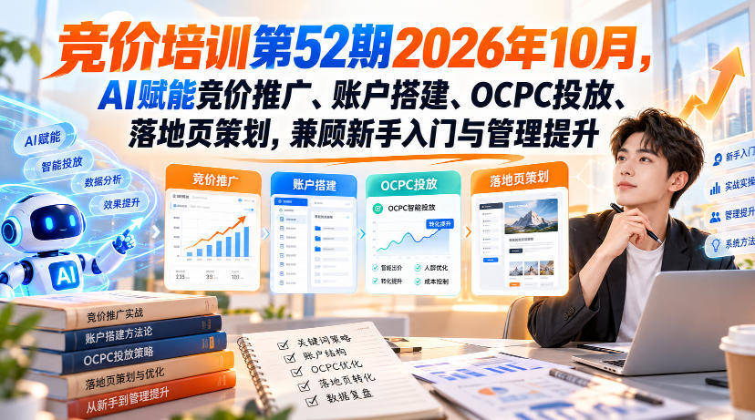 【无水印】竞价培训第52期2026年10月，AI赋能竞价推广、账户搭建、OCPC投放、落地页策划，兼顾新手入门与管理提升-创薯资源