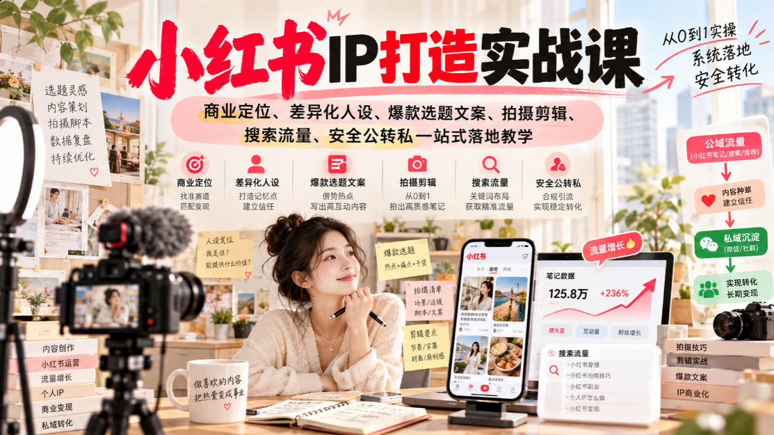 小红书ip打造实战课，商业定位、差异化人设、爆款选题文案、拍摄剪辑、搜索流量、安全公转私一站式落地教学-创薯资源