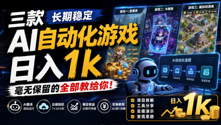 三款长期稳定AI自动化游戏，日入1k，毫无保留的全部教给你！【揭秘】-创薯资源