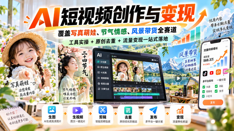 AI短视频创作与变现，覆盖写真萌娃、节气情感、风景带货全赛道，工具实操+原创去重+流量变现一站式落地-创薯资源