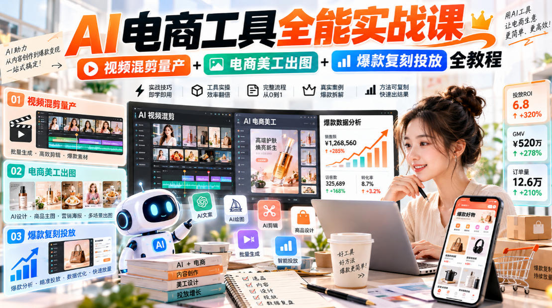 AI电商工具全能实战教学，视频混剪量产+电商美工出图+爆款复刻投放全教程​-创薯资源