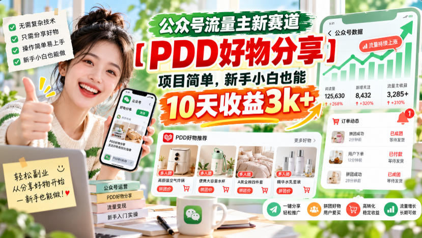 公众号流量主新赛道【PDD好物分享】，项目简单，新手小白也能10天收益3k+-创薯资源