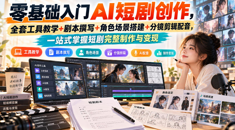零基础入门AI短剧创作，全套工具教学+剧本撰写+角色场景搭建+分镜剪辑配音，一站式掌握短剧完整制作与变现-创薯资源