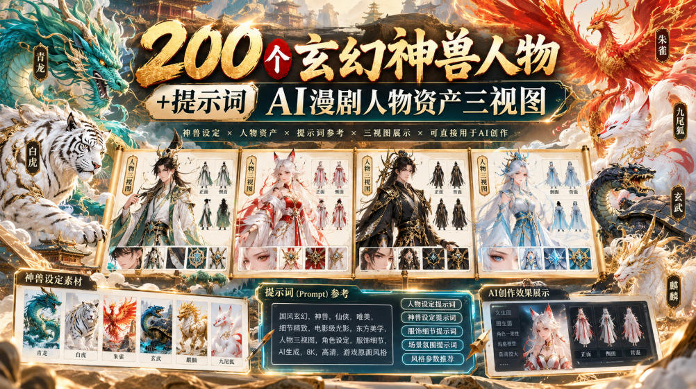 200个玄幻神兽人物+提示词ai漫剧人物资产三视图-创薯资源