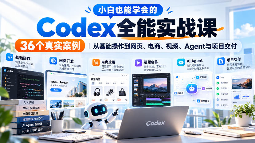 小白也能学会的Codex全能实战课｜36个真实案例，从基础操作到网页、电商、视频、Agent与项目交付-创薯资源