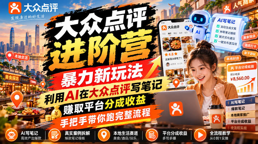 大众点评进阶营，暴力新玩法，利用AI在大众点评写笔记， 賺取平台分成收益，手把手带你跑完整流程-创薯资源