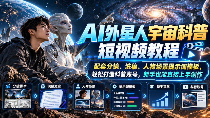 AI外星人宇宙科普短视频教程，配套分镜、洗稿、人物场景提示词模板，轻松打造科普账号，新手也能直接上手创作-创薯资源