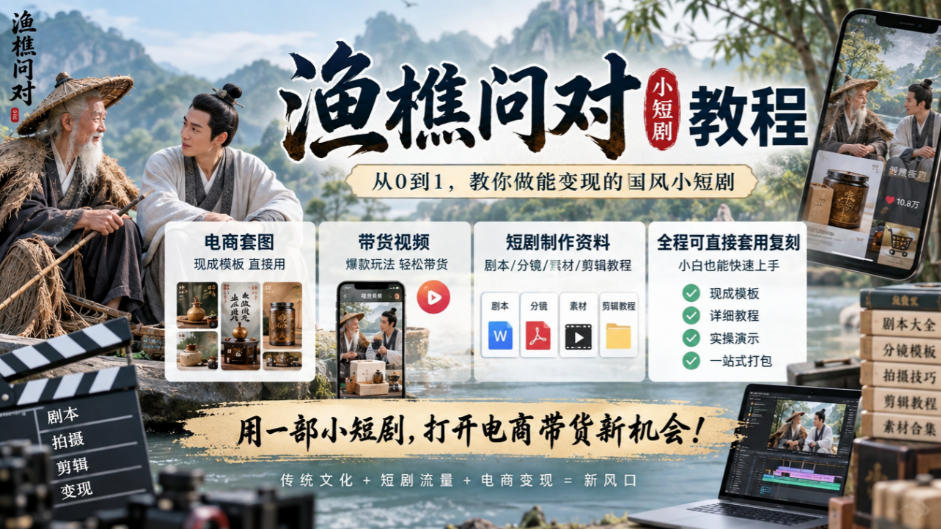 渔樵问对小短剧教程，包含电商套图、带货视频，短剧制作资料，全程可直接套用复刻-创薯资源