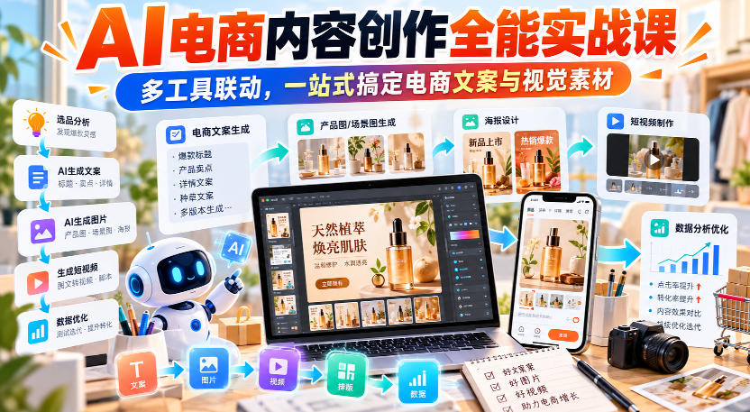 【无水印】AI电商内容创作全能实战课｜多工具联动，一站式搞定电商文案与视觉素材-创薯资源