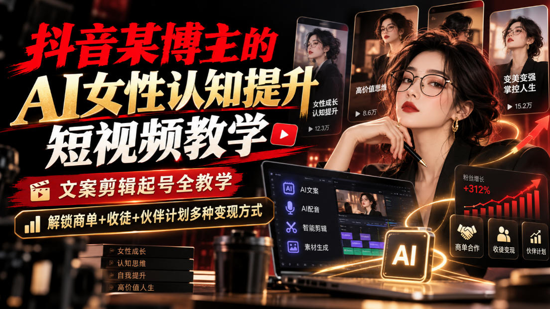 抖音某博主的Ai女性认知提升短视频教学，文案剪辑起号全教学，解锁商单+收徒+伙伴计划多种变现方式-创薯资源