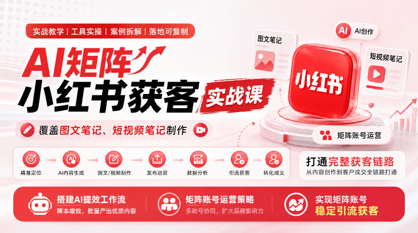 AI矩阵小红书获客实战课，覆盖图文笔记、短视频笔记制作，打通完整获客链路，搭建AI提效工作流，实现矩阵账号稳定引流获客-创薯资源