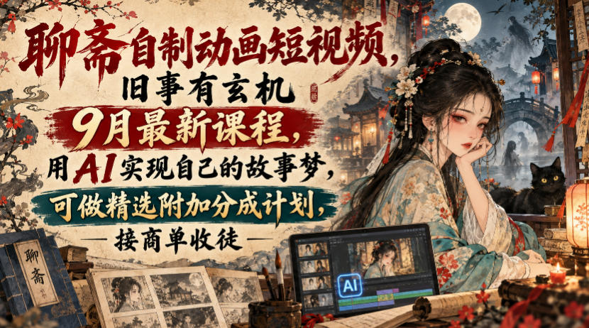 聊斋自制动画短视频，旧事有玄机9月最新课程，用AI实现自己的故事梦，可做精选附加分成计划，接商单收徒-创薯资源