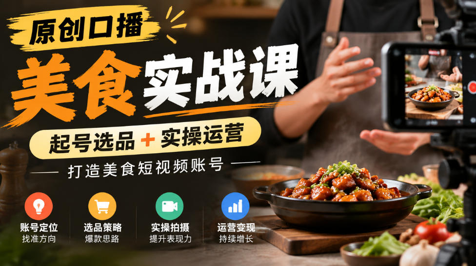 原创口播美食实战课，起号选品+实操运营，打造美食短视频账号-创薯资源
