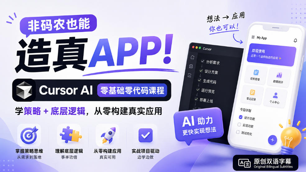 非码农也能造真APP！Cursor AI零基础零代码课程：学策略+底层逻辑，从零构建真实应用【原创双语字幕】-创薯资源