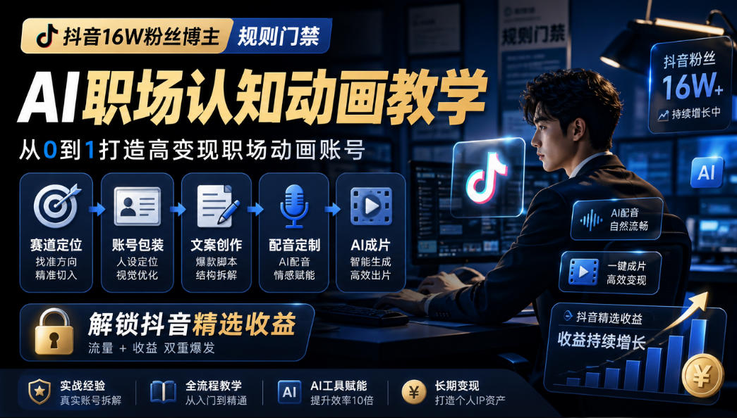 抖音16W粉丝博主规则门禁的AI职场认知动画教学，从赛道定位、账号包装，到文案创作、配音定制、AI成片，解锁抖音精选收益-创薯资源