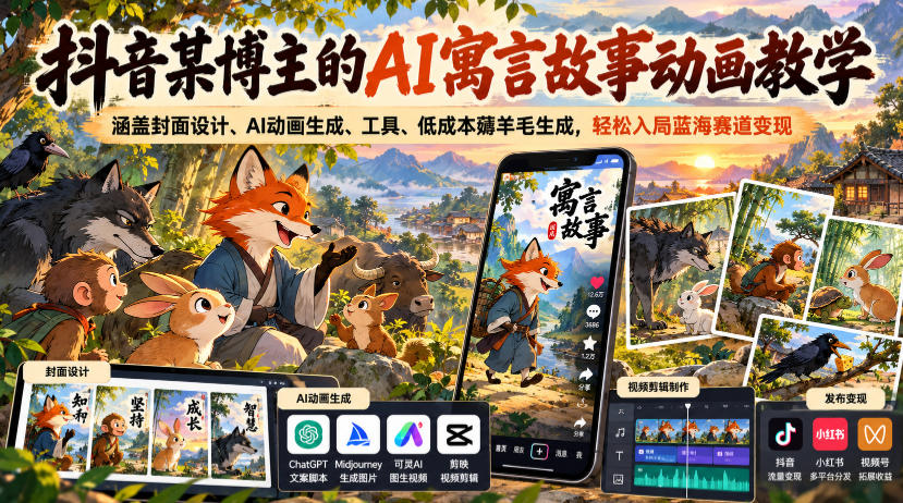 抖音某博主的AI寓言故事动画教学，涵盖封面设计、AI动画生成、工具、低成本薅羊毛生成，轻松入局蓝海赛道变现-创薯资源