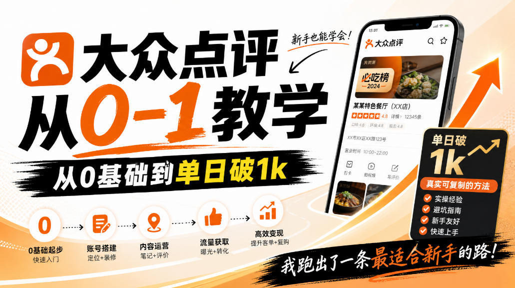 大众点评分成从0-1教学，从0基础到单日破1k，我跑出了一条最适合新手的路-创薯资源