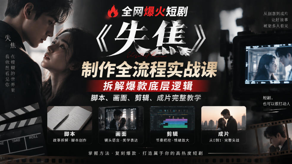 全网爆火短剧《失焦》制作全流程实战课｜拆解爆款底层逻辑，脚本、画面、剪辑、成片完整教学-创薯资源