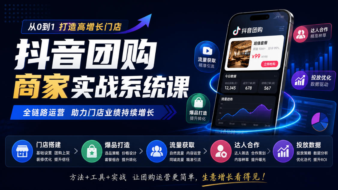 抖音团购商家实战系统课｜门店搭建、爆品打造、流量获取、达人合作、投放数据全链路运营-创薯资源