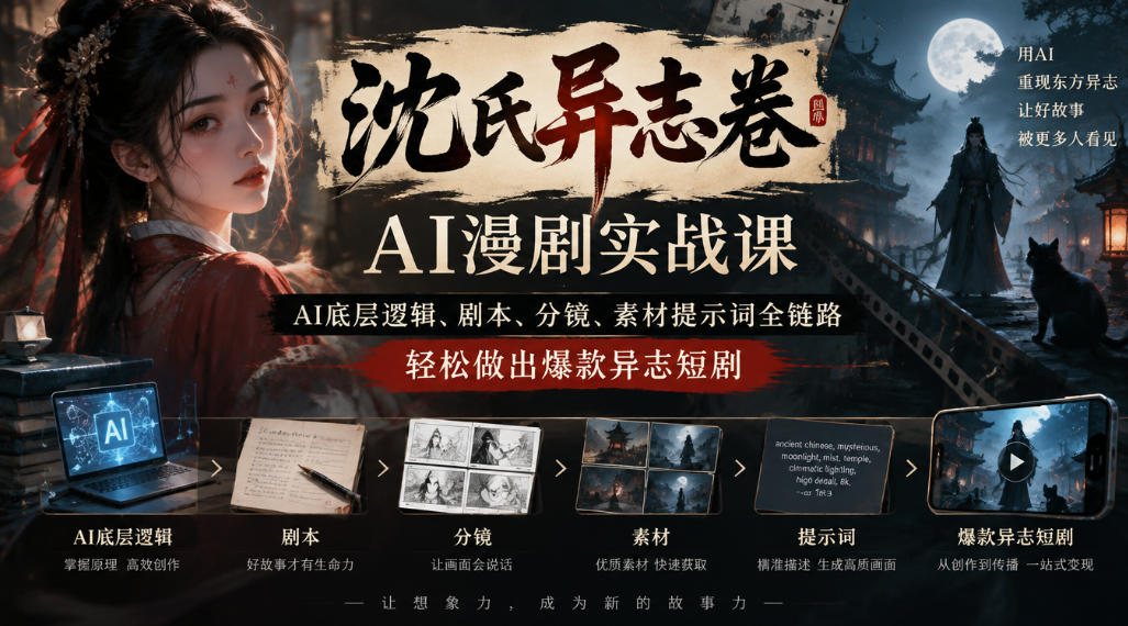 沈氏异志卷AI漫剧实战课｜AI底层逻辑、剧本、分镜、素材提示词全链路，轻松做出爆款异志短剧-创薯资源
