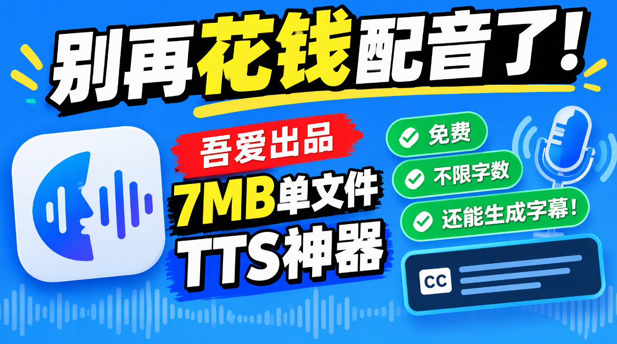 别再花钱配音了！吾爱出品7MB单文件TTS神器，免费不限字数还能生成字幕！-创薯资源